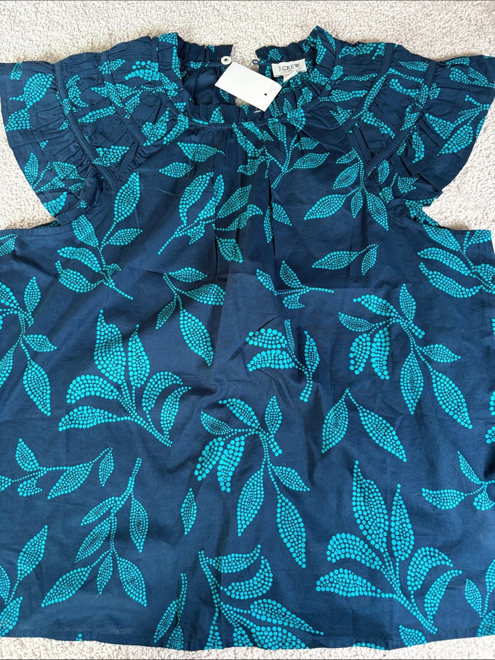 J. Crew Navy Top with Teal Leaf Print
